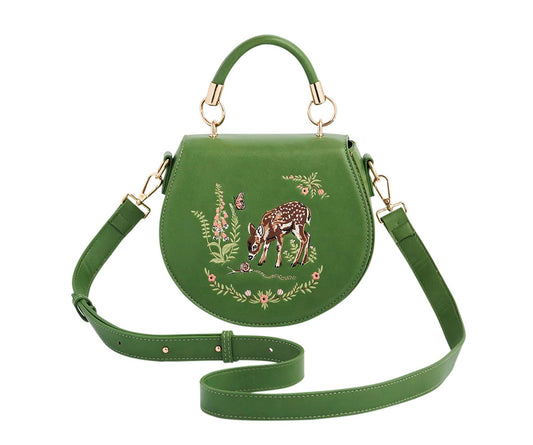 Fable England Green Fawn & Snail Embroidered Top Handle Saddle Bag