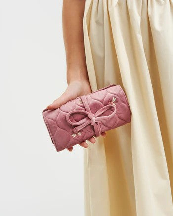 Fable England Quilted Bee Embroidered Jewellery Roll In Rose Pink Velvet