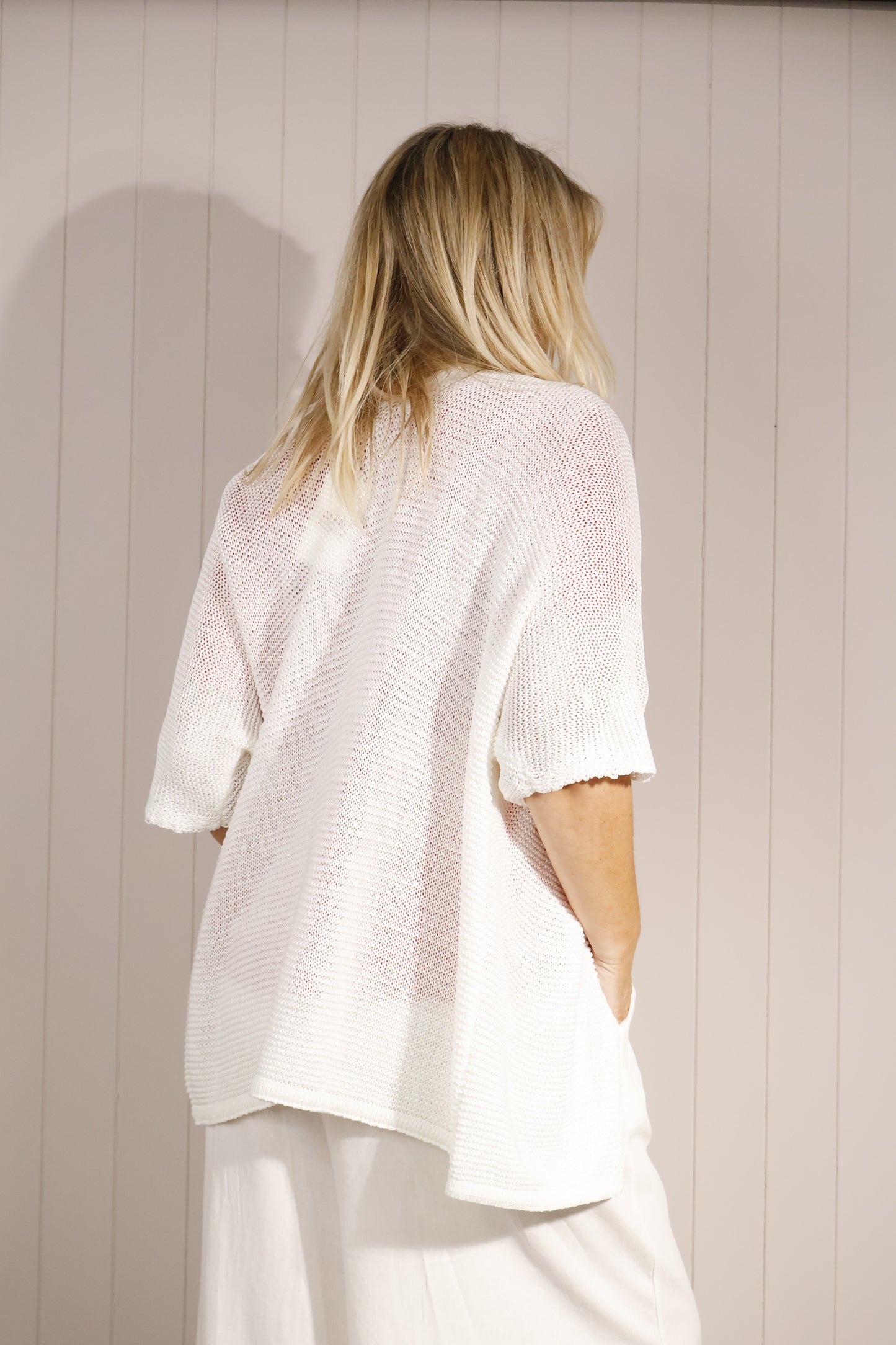 Goose Island Short Sleeve Cardigan Open Knit Navy, Light Pink, White