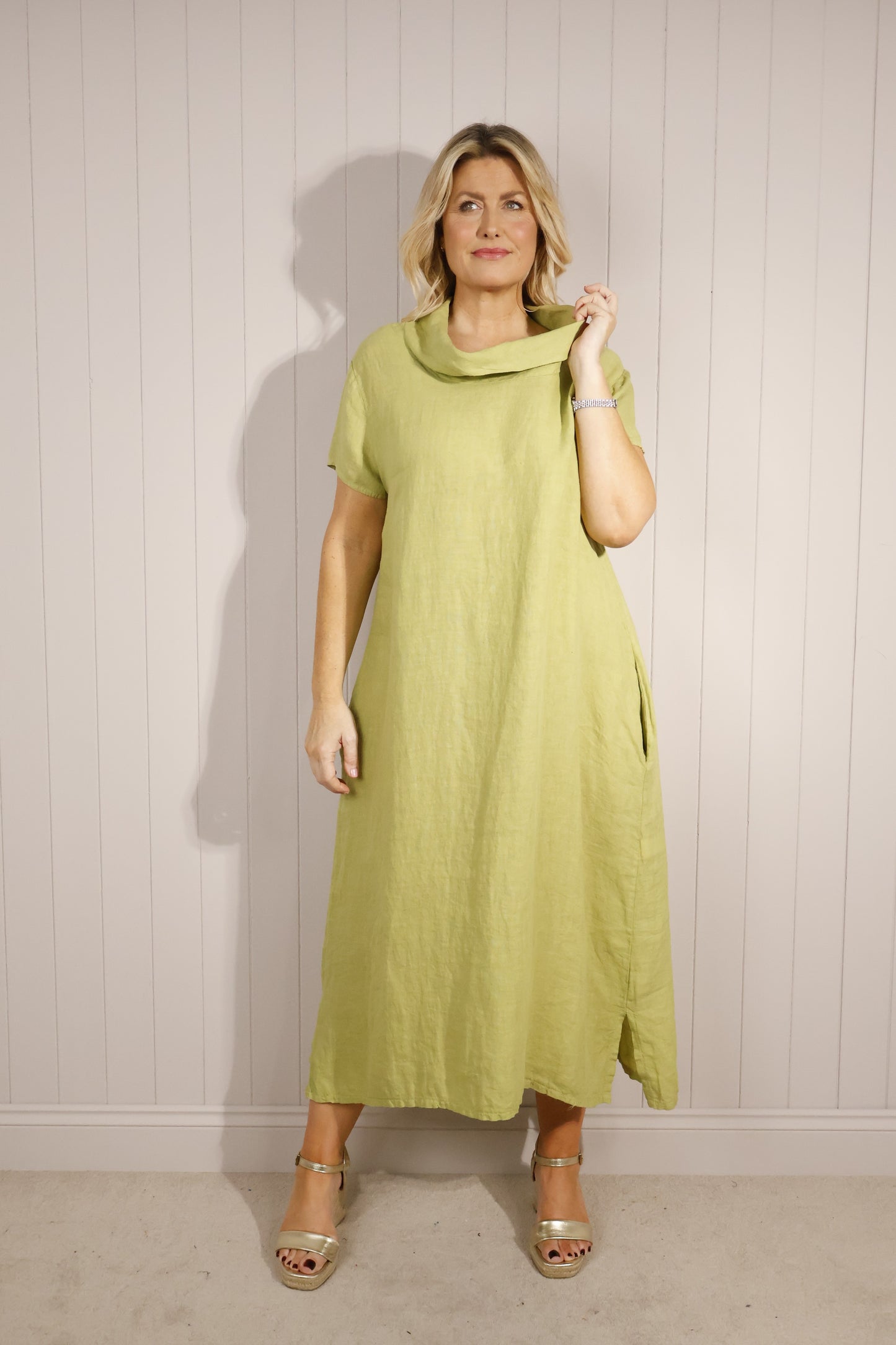 Goose Island Cowl Neck Linen Maxi Dress with Short Sleeves Pockets Lime Green
