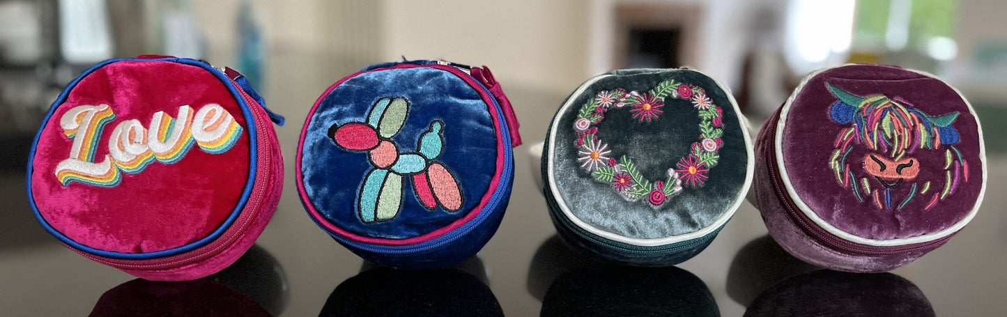 Earth Squared Green Silk Velvet Jewellery Round Pouch Embroidered Flower Heart