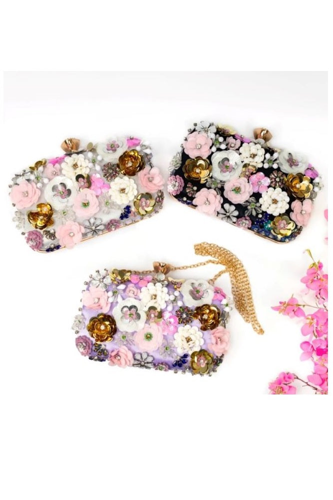 Peach Accessories Embellished Floral Clutch Bag Wedding Formal Rhinestones Beads Chain and Top Handle