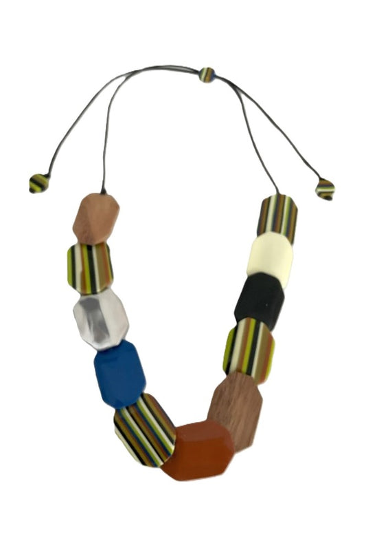 Noa Ecco Colourful Hexagon Resin Wood Aluminium Necklace Adjustable Cord