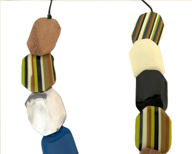 Noa Ecco Colourful Hexagon Resin Wood Aluminium Necklace Adjustable Cord