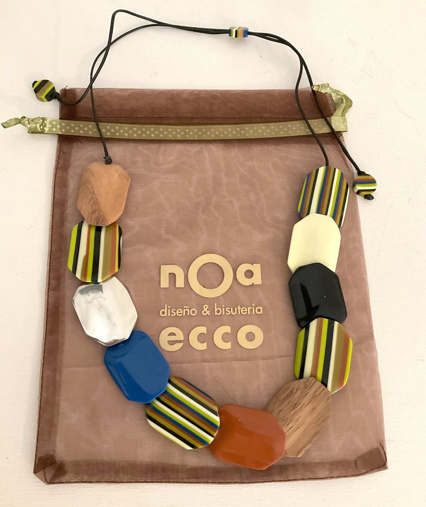 Noa Ecco Colourful Hexagon Resin Wood Aluminium Necklace Adjustable Cord