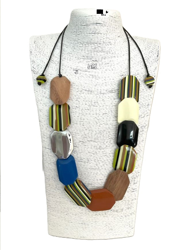 Noa Ecco Colourful Hexagon Resin Wood Aluminium Necklace Adjustable Cord