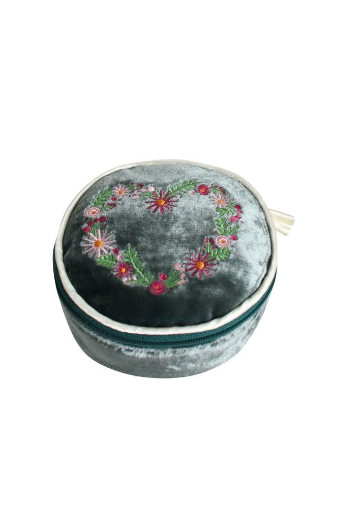 Earth Squared Green Silk Velvet Jewellery Round Pouch Embroidered Flower Heart