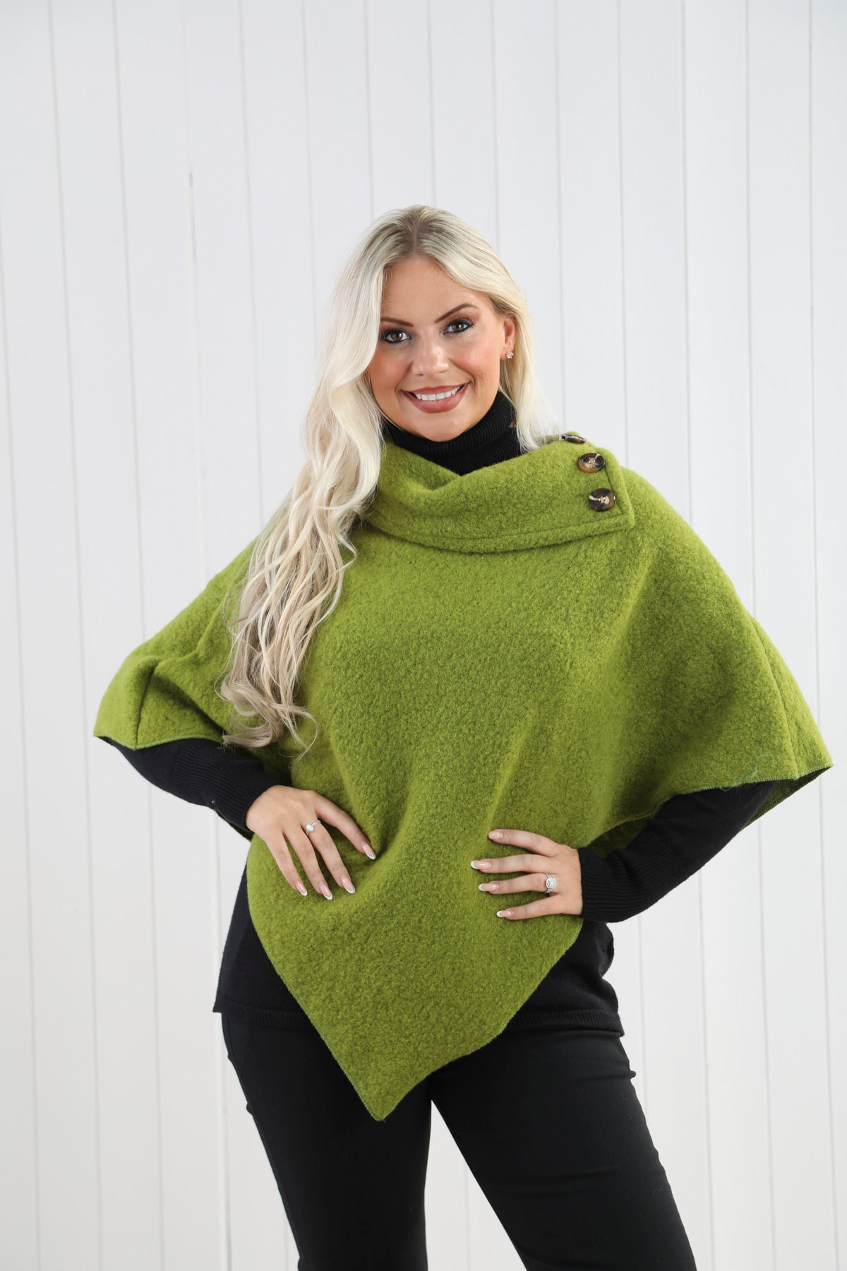 Goose Island Italian Wool Blend High Neck Asymmetric Poncho Button Detail One Size