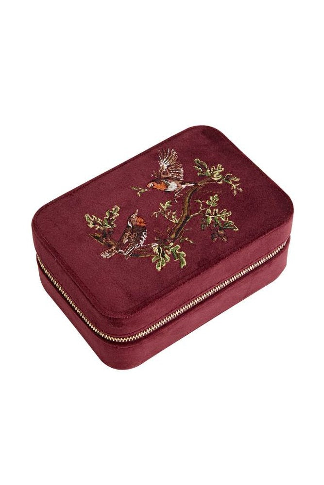 Fable England Robin Love Embroidered Large Jewellery Box Redcurrant Velvet