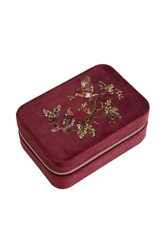 Fable England Robin Love Embroidered Large Jewellery Box Redcurrant Velvet