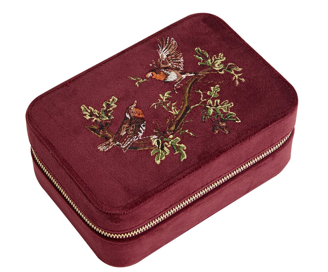Fable England Robin Love Embroidered Large Jewellery Box Redcurrant Velvet