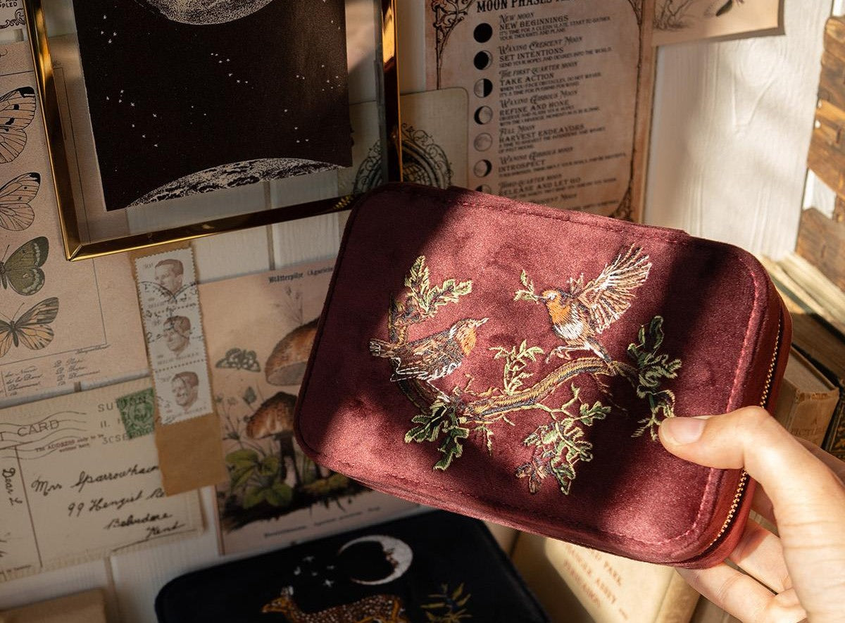 Fable England Robin Love Embroidered Large Jewellery Box Redcurrant Velvet