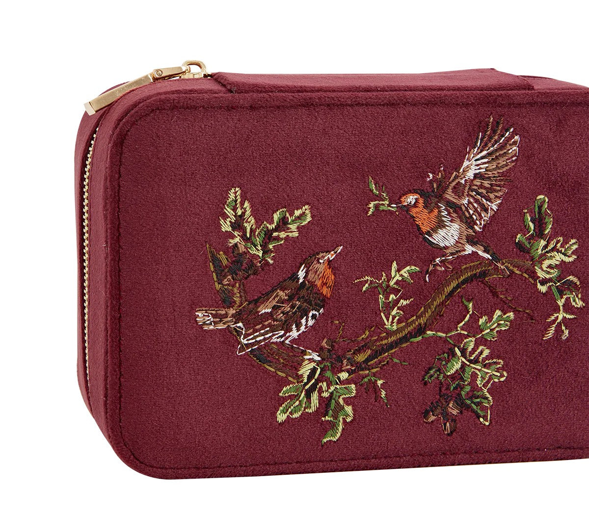Fable England Robin Love Embroidered Large Jewellery Box Redcurrant Velvet