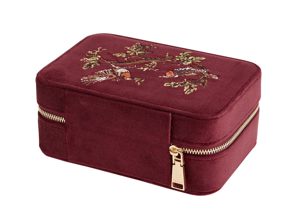 Fable England Robin Love Embroidered Large Jewellery Box Redcurrant Velvet