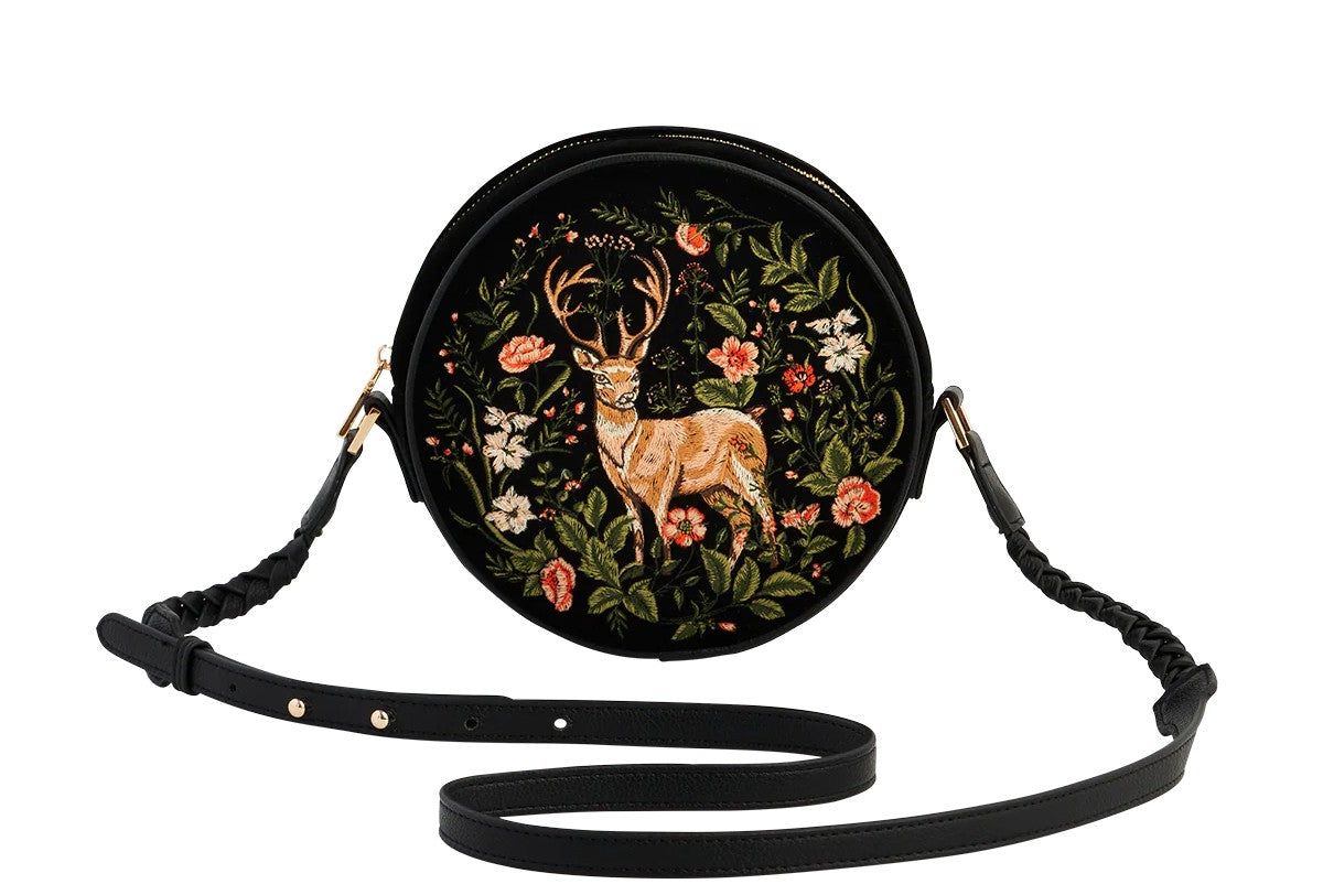 Fable England Aurora Fawn Embroidered Black Circle Cross Body Bag