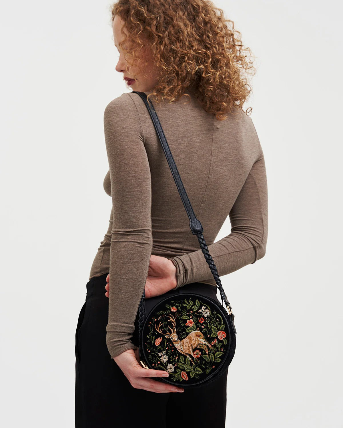 Fable England Aurora Fawn Embroidered Black Circle Cross Body Bag