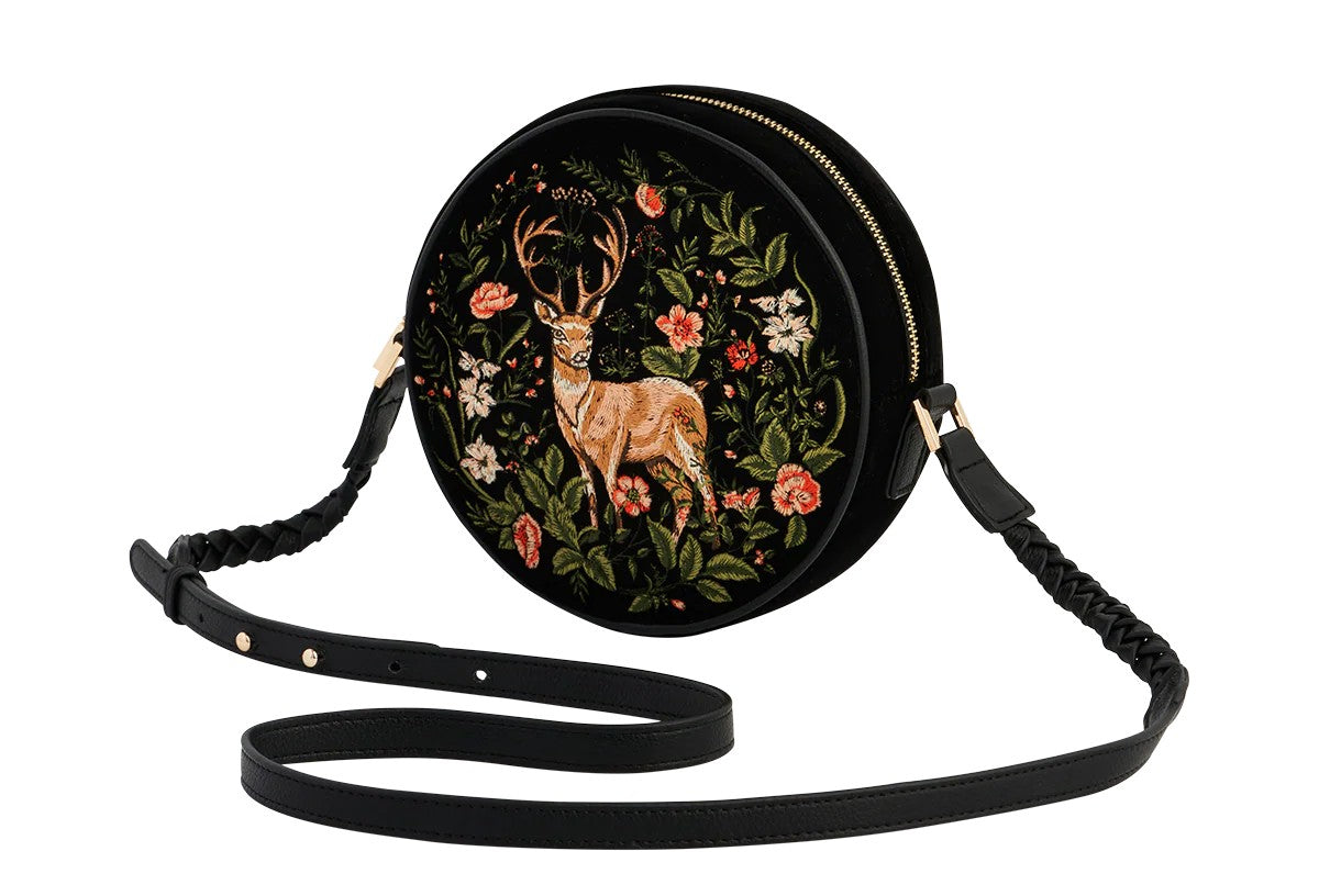 Fable England Aurora Fawn Embroidered Black Circle Cross Body Bag