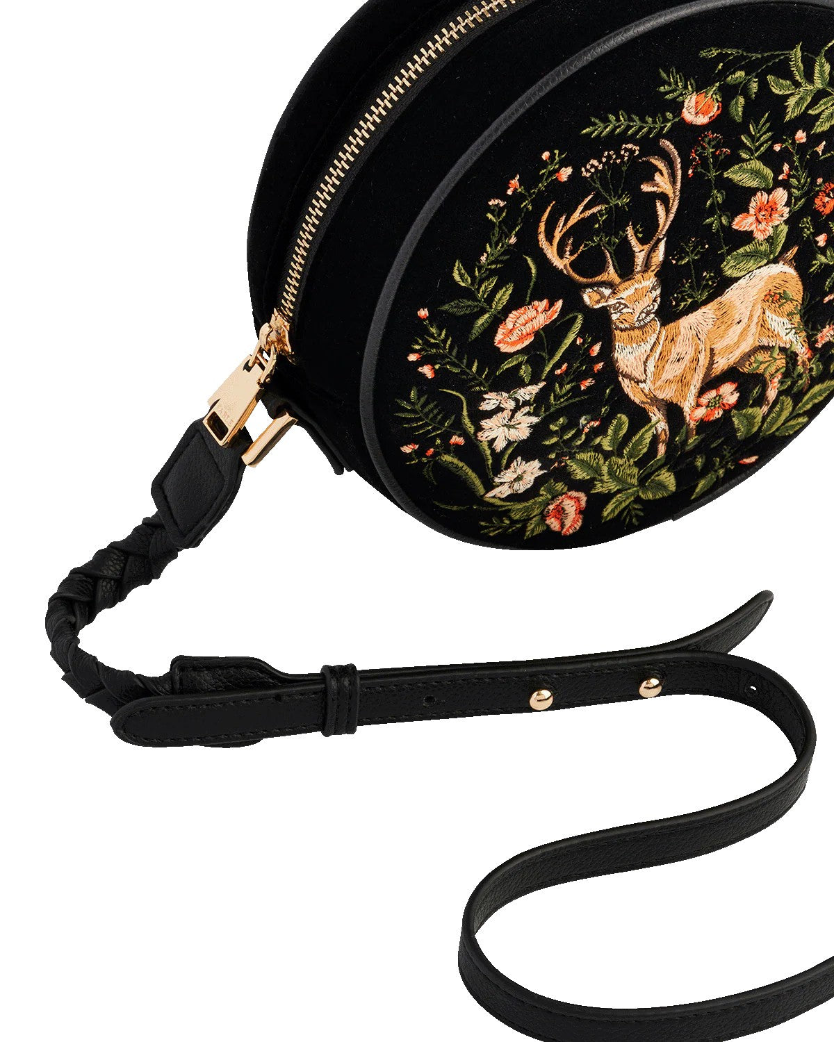 Fable England Aurora Fawn Embroidered Black Circle Cross Body Bag