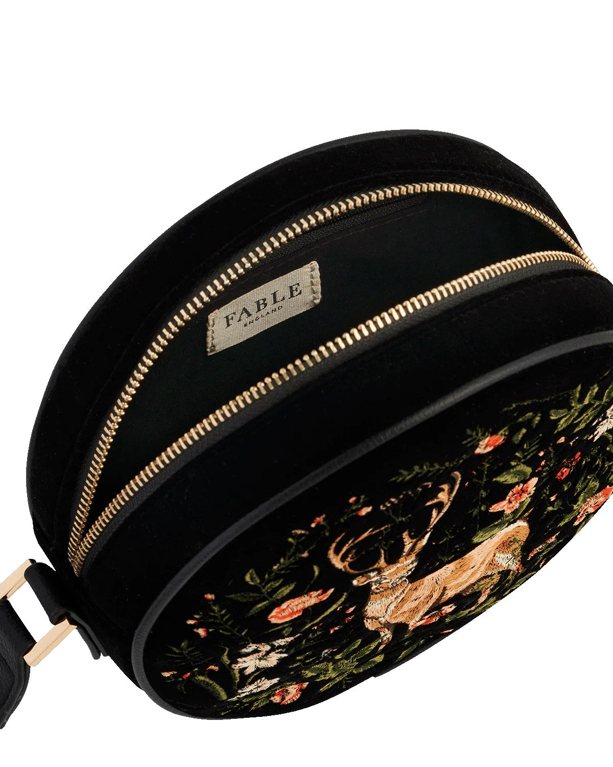 Fable England Aurora Fawn Embroidered Black Circle Cross Body Bag