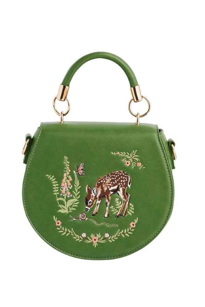 Fable England Green Fawn & Snail Embroidered Top Handle Saddle Bag
