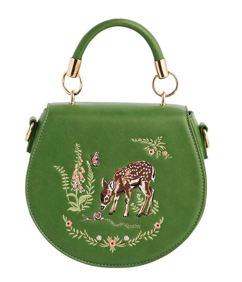 Fable England Green Fawn & Snail Embroidered Top Handle Saddle Bag