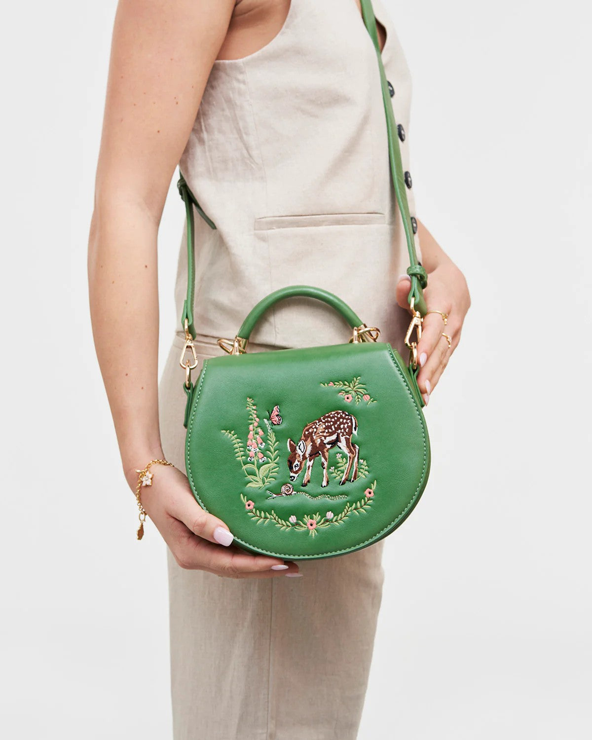 Fable England Green Fawn & Snail Embroidered Top Handle Saddle Bag