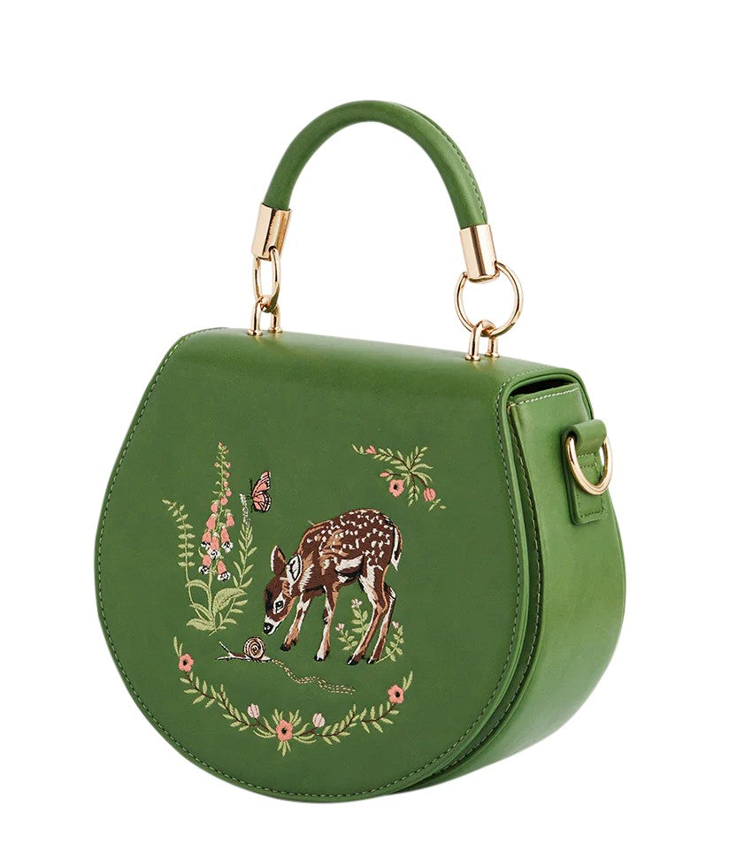 Fable England Green Fawn & Snail Embroidered Top Handle Saddle Bag