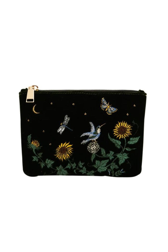 Fable England Green Sunflower Velvet Embroidered Pouch