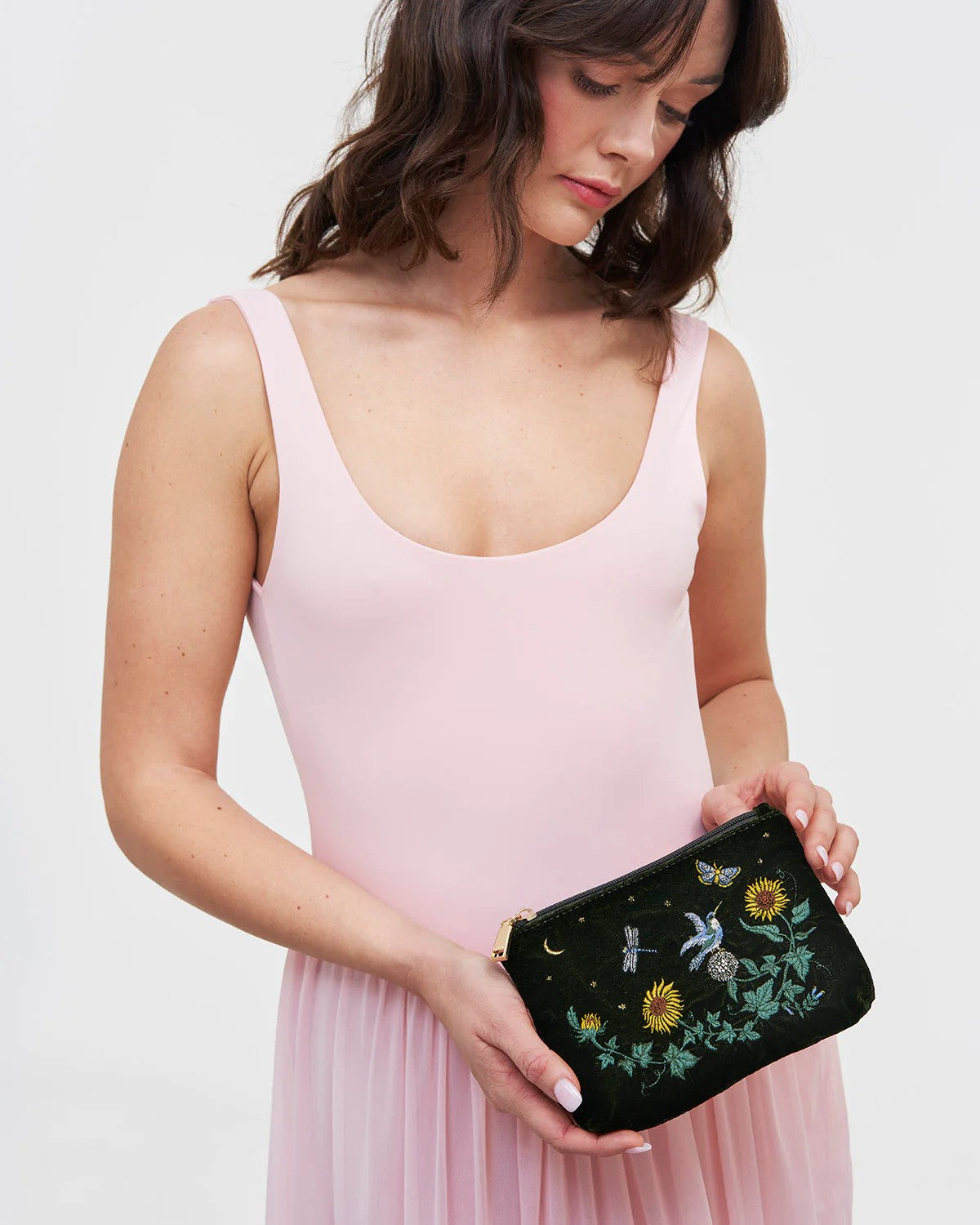 Fable England Green Sunflower Velvet Embroidered Pouch