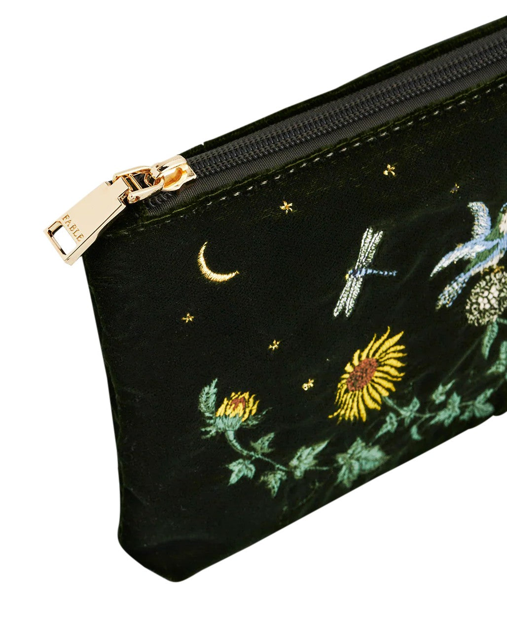 Fable England Green Sunflower Velvet Embroidered Pouch