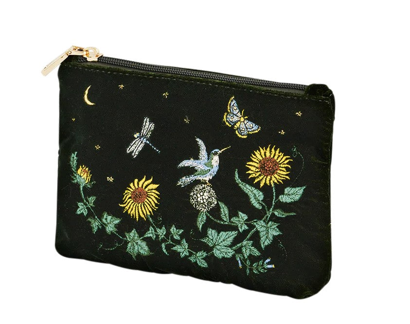 Fable England Green Sunflower Velvet Embroidered Pouch