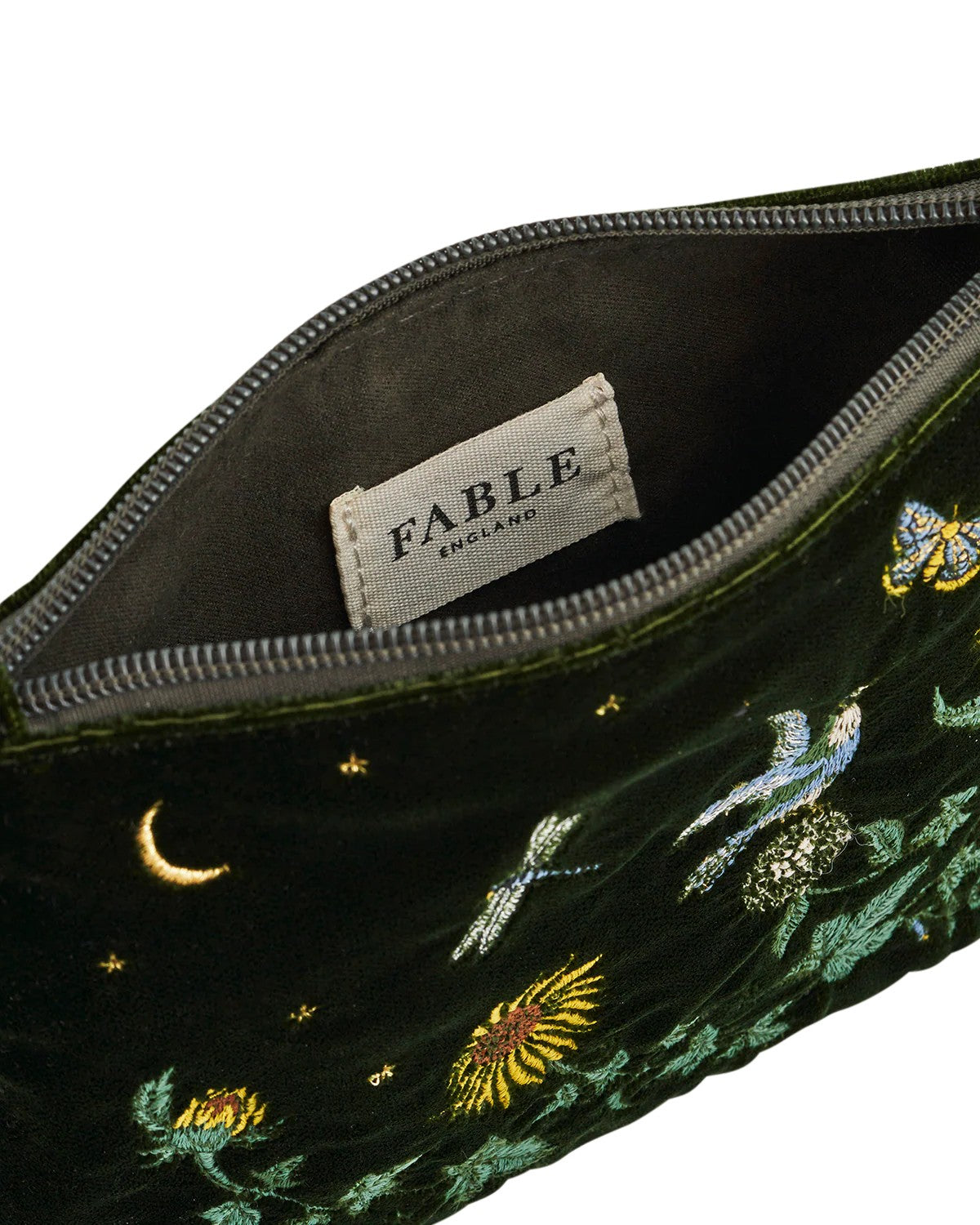 Fable England Green Sunflower Velvet Embroidered Pouch
