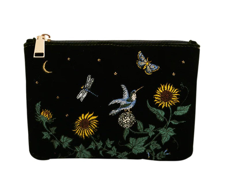 Fable England Green Sunflower Velvet Embroidered Pouch