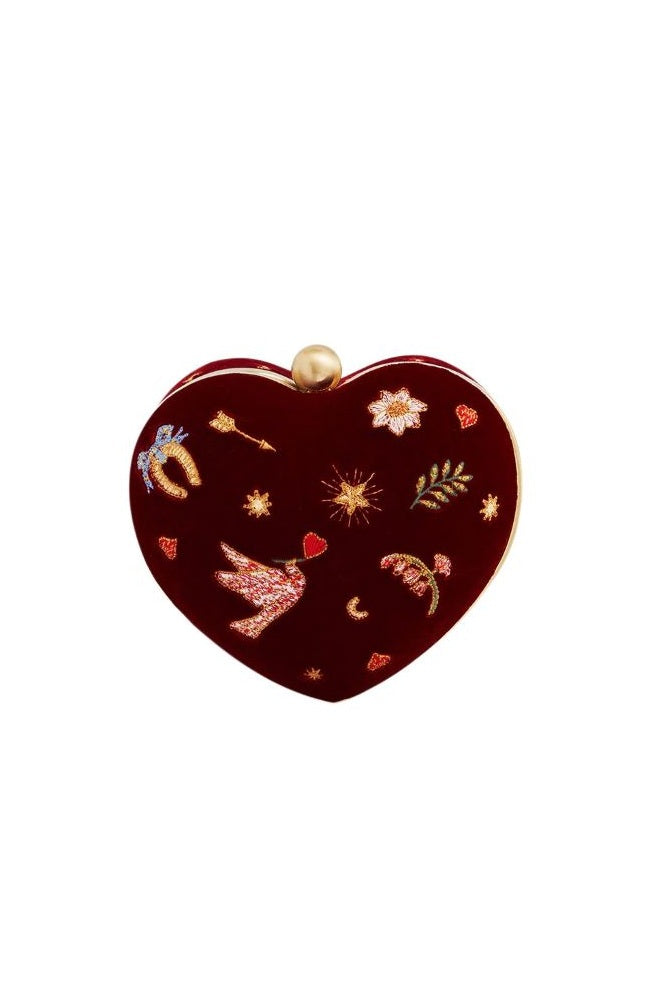 Fable England Red Velvet Embroidered Heart Jewellery Box