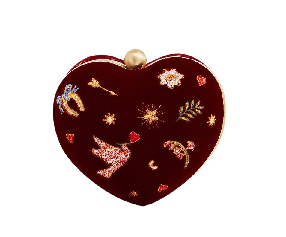 Fable England Red Velvet Embroidered Heart Jewellery Box