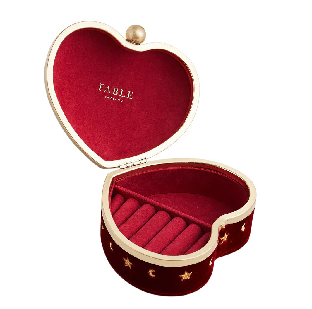 Fable England Red Velvet Embroidered Heart Jewellery Box