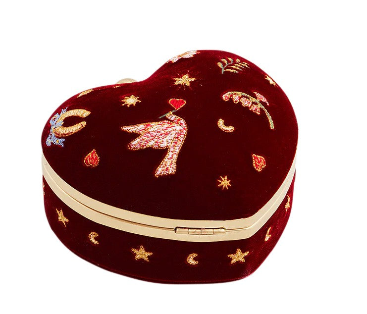 Fable England Red Velvet Embroidered Heart Jewellery Box
