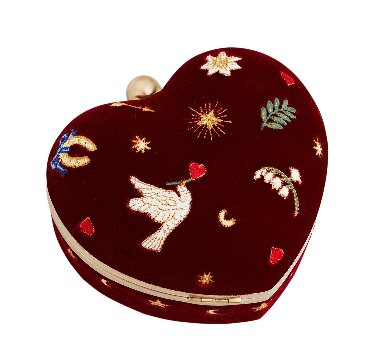 Fable England Red Velvet Embroidered Heart Jewellery Box