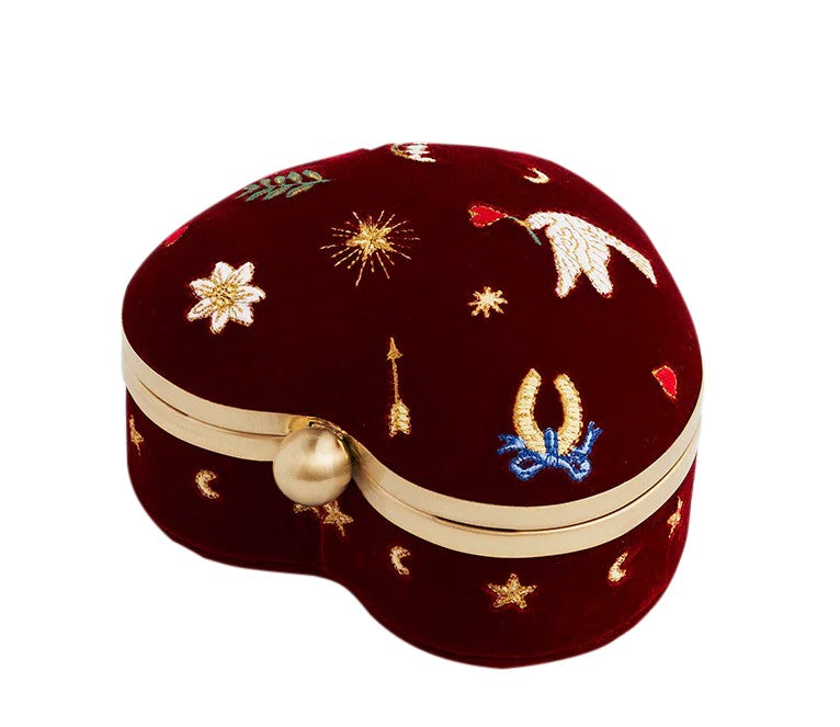 Fable England Red Velvet Embroidered Heart Jewellery Box