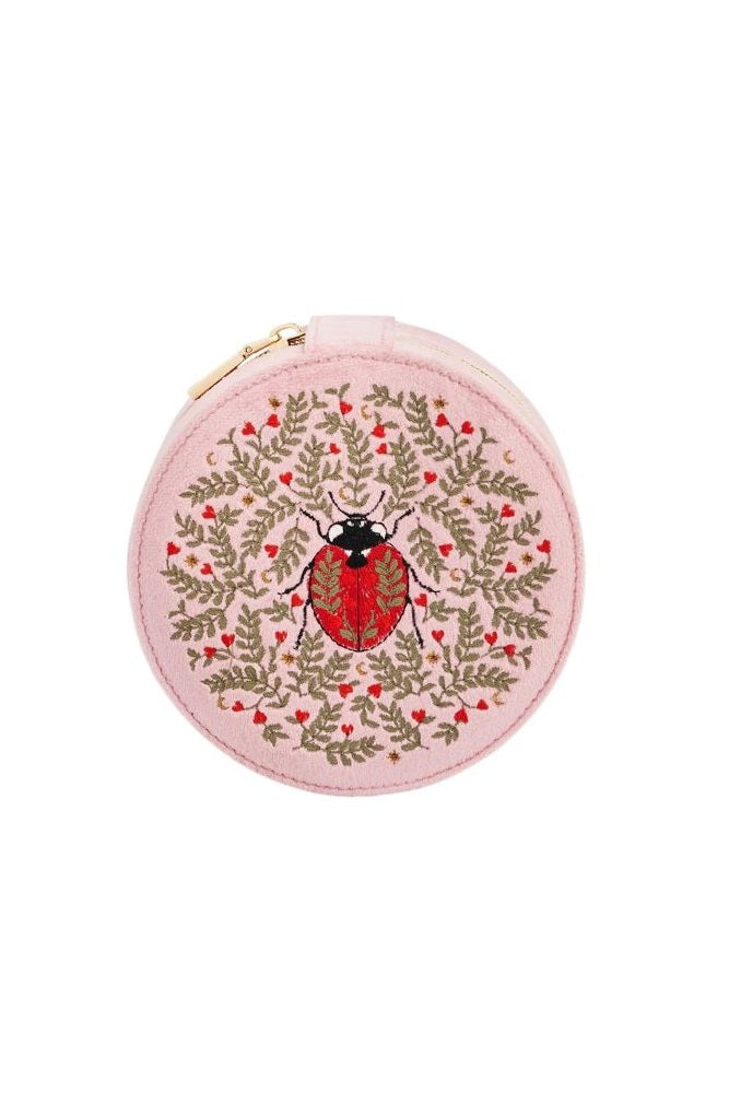 Fable England Pink Ladybird Velvet Embroidered Circle Jewellery Box