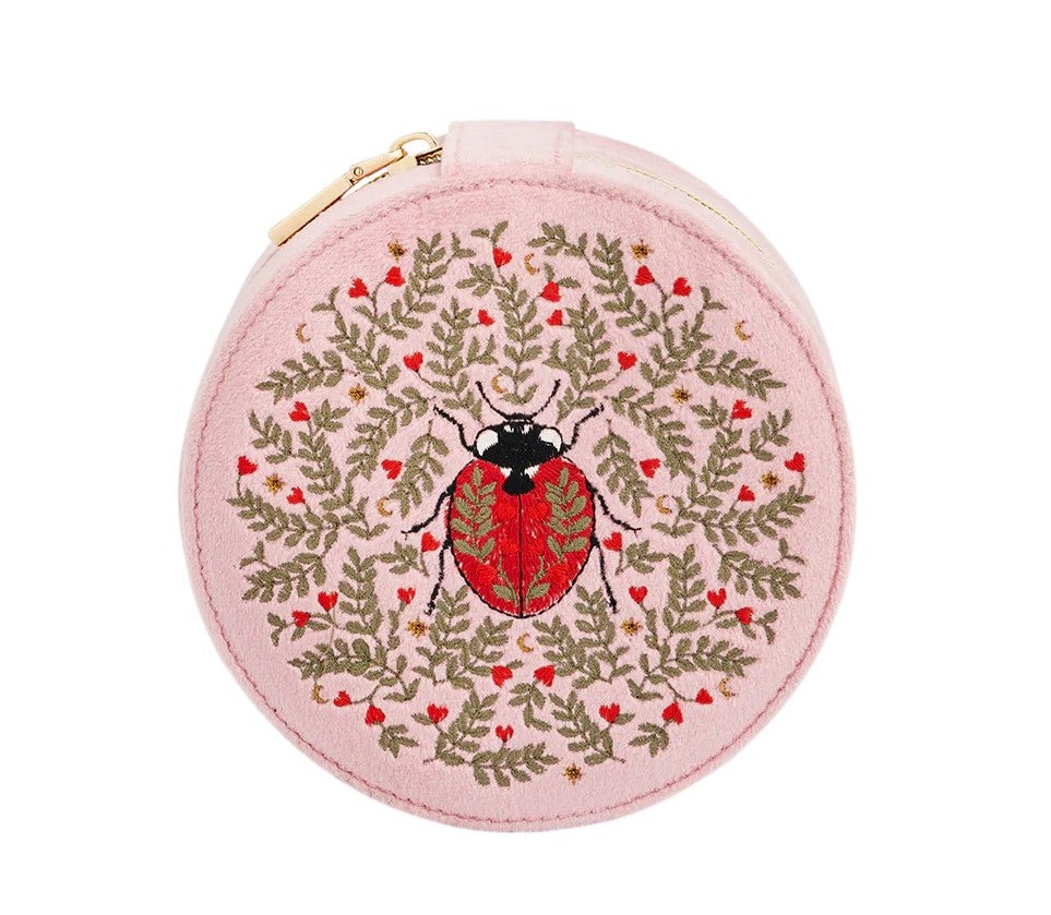 Fable England Pink Ladybird Velvet Embroidered Circle Jewellery Box