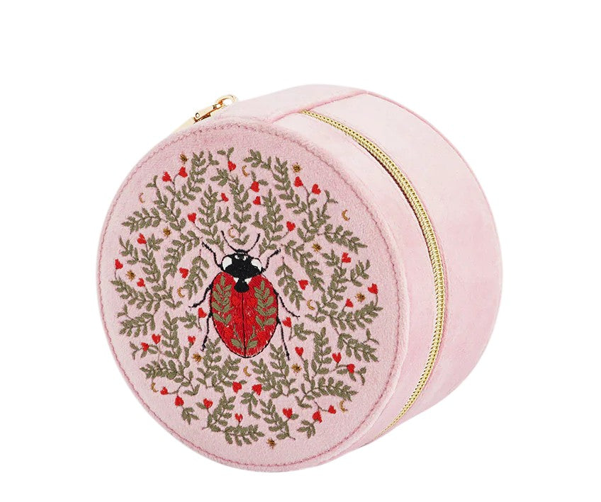 Fable England Pink Ladybird Velvet Embroidered Circle Jewellery Box