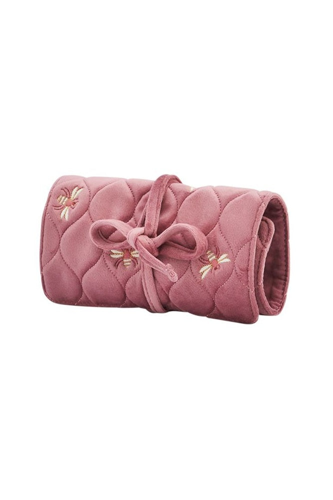Fable England Quilted Bee Embroidered Jewellery Roll In Rose Pink Velvet