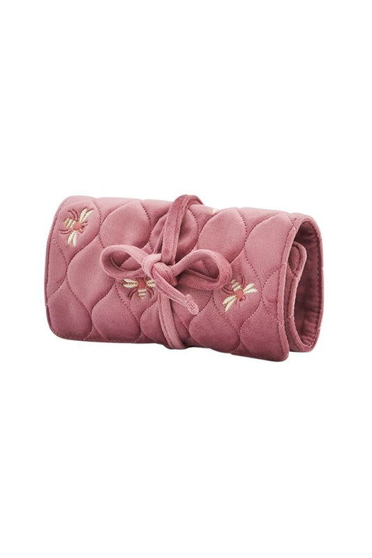 Fable England Quilted Bee Embroidered Jewellery Roll In Rose Pink Velvet