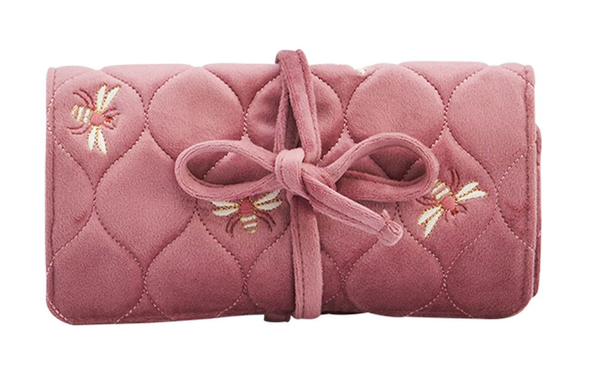 Fable England Quilted Bee Embroidered Jewellery Roll In Rose Pink Velvet