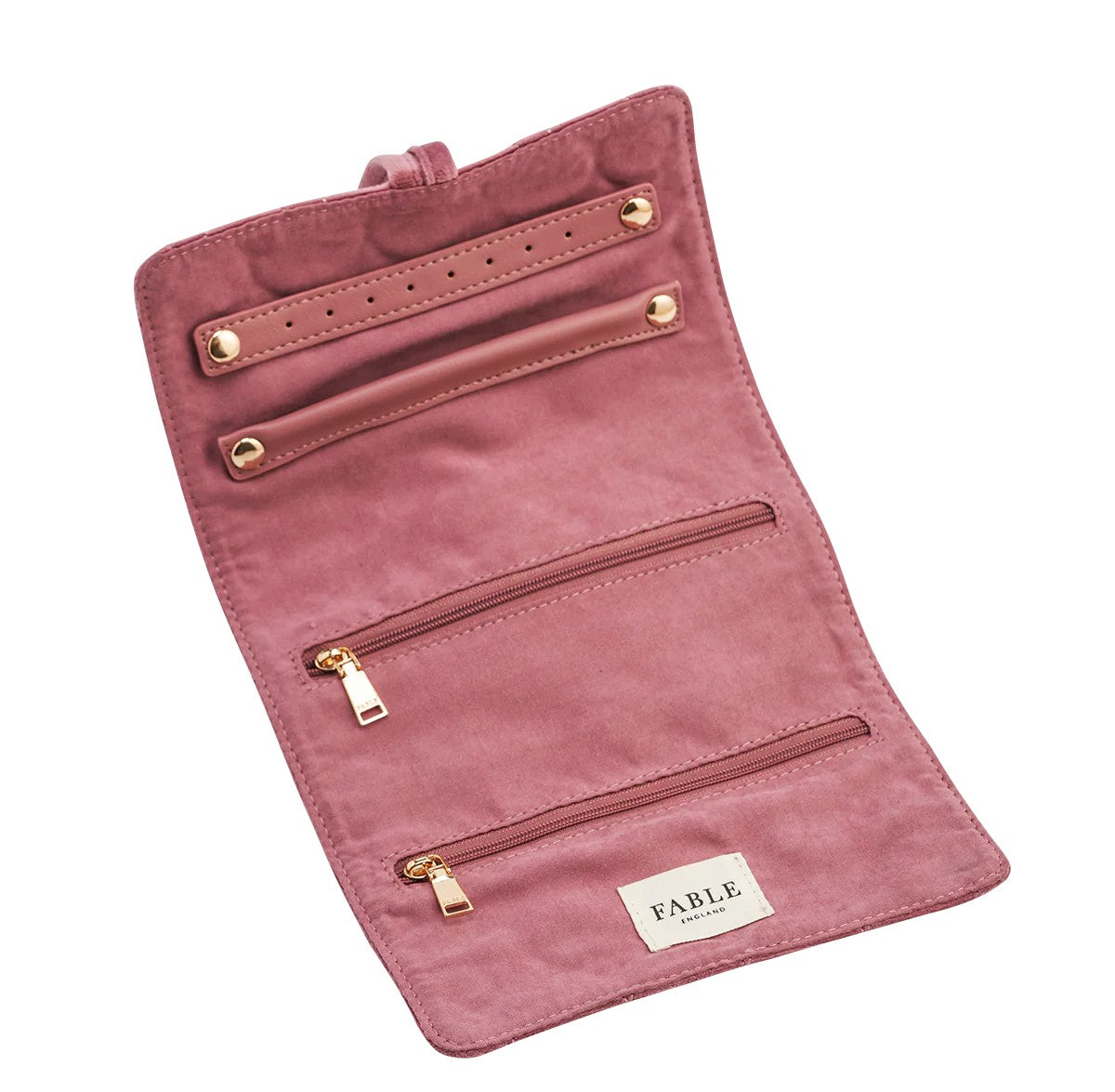 Fable England Quilted Bee Embroidered Jewellery Roll In Rose Pink Velvet