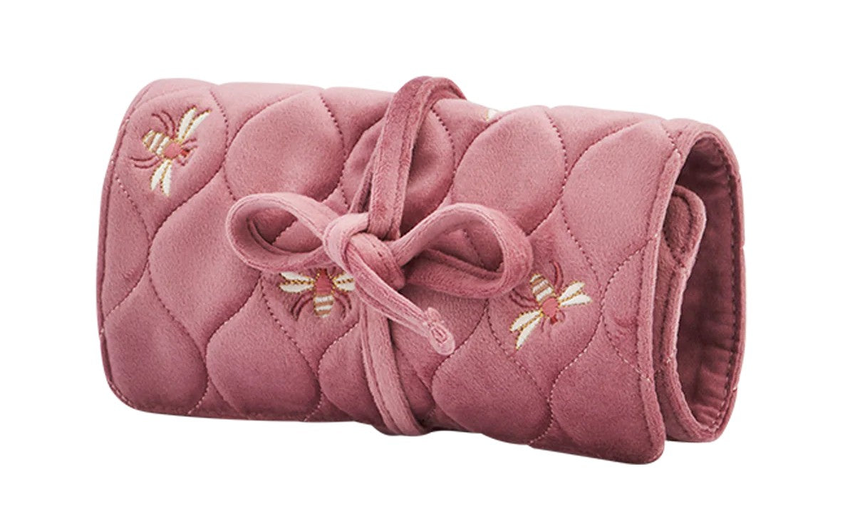 Fable England Quilted Bee Embroidered Jewellery Roll In Rose Pink Velvet
