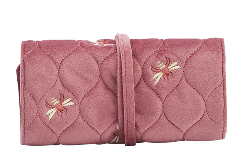 Fable England Quilted Bee Embroidered Jewellery Roll In Rose Pink Velvet