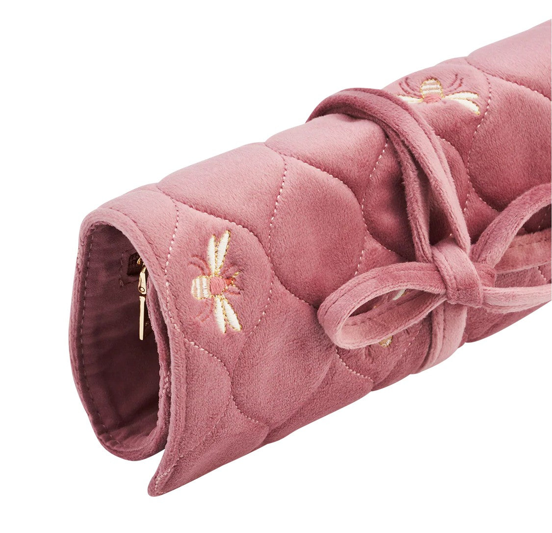Fable England Quilted Bee Embroidered Jewellery Roll In Rose Pink Velvet