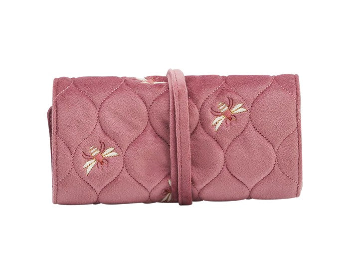 Fable England Quilted Bee Embroidered Jewellery Roll In Rose Pink Velvet